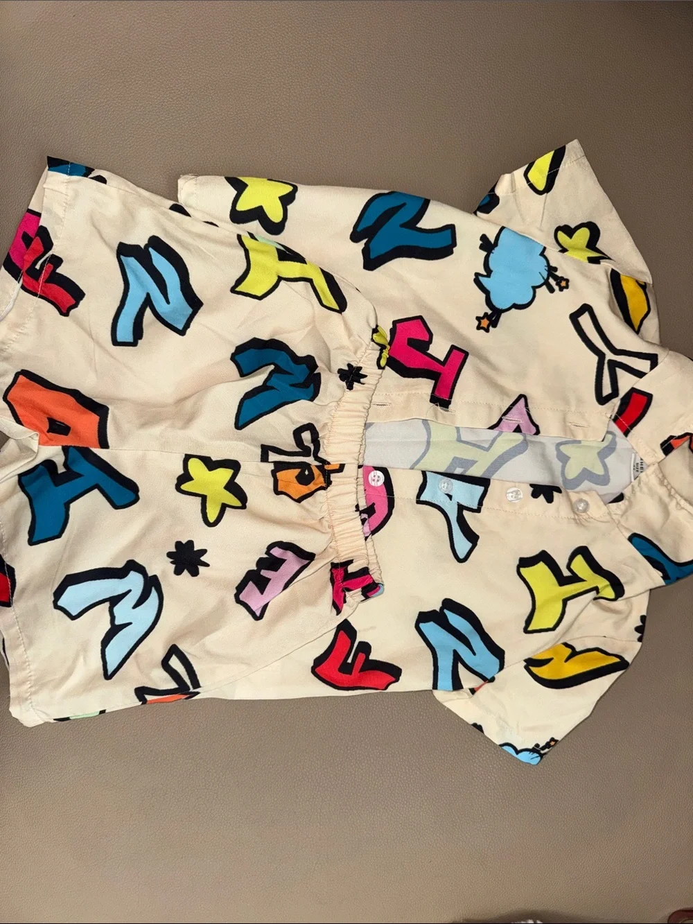 Cream Graphic Print Button-Up Top with Multicolor Letters